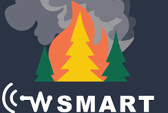 The WSMART Pilot graphic. An illustration of a fire amongst three pine trees. Smoke billows behind the words, "WSMART: Wildfire Smoke Air Monitoring Response Technology Pilot."