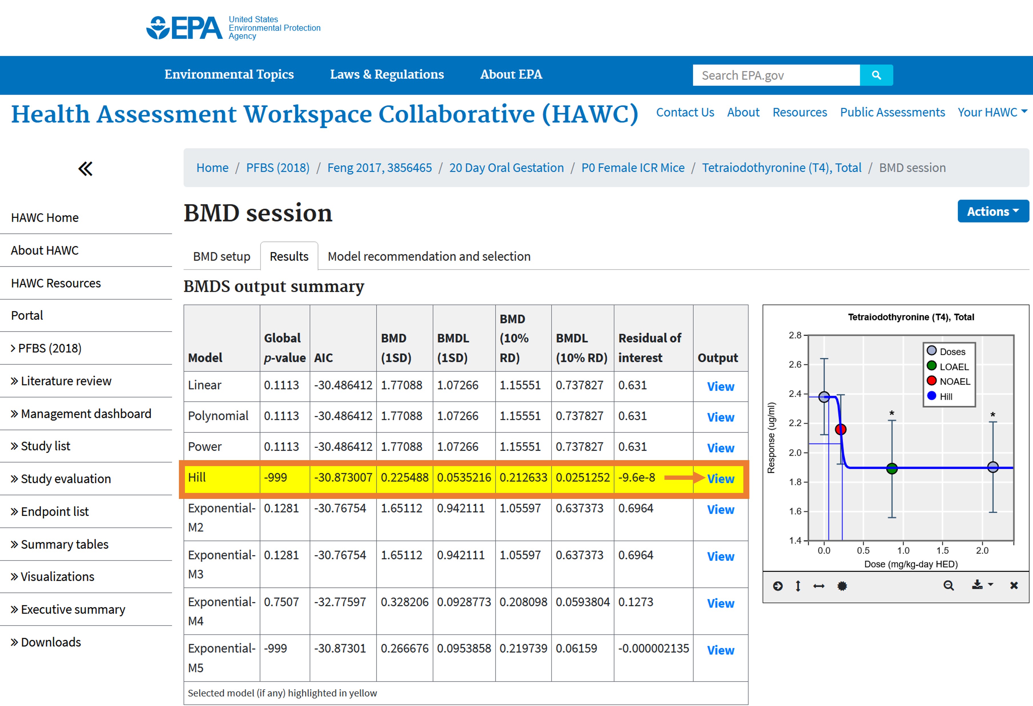 Illustration showing where the results tab will display the BMD modeling output summary for all models