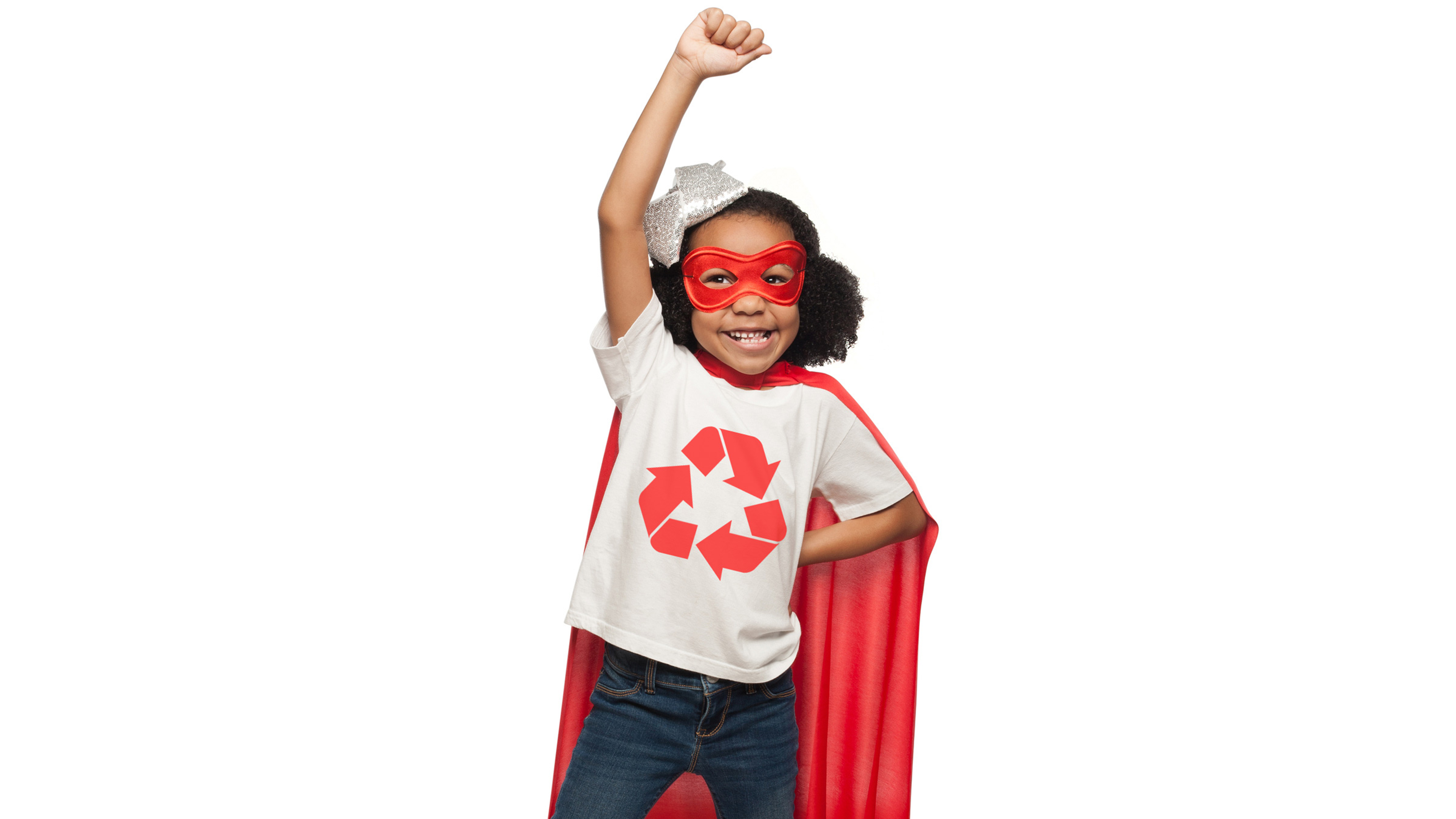 Young girl wears recycling superhero costume