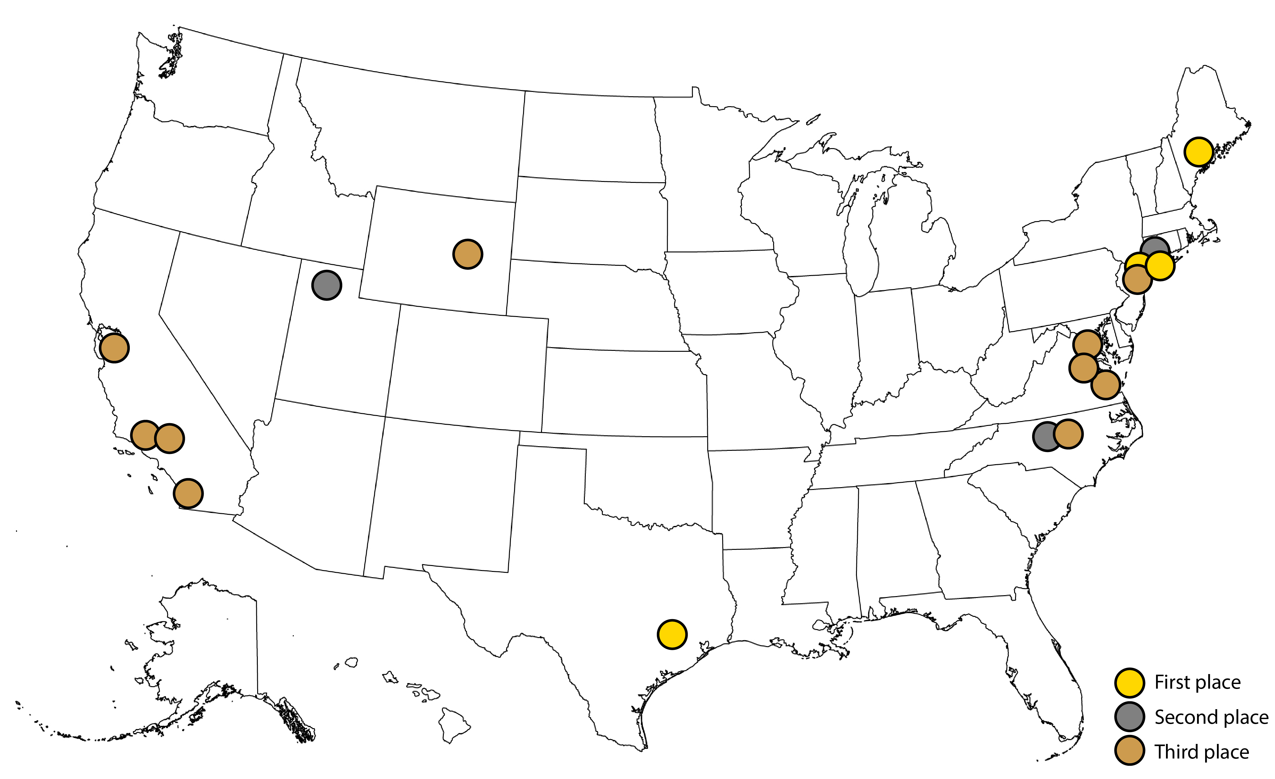 A map of winners of the P2 challenge color coded by placement (first, second, and third).