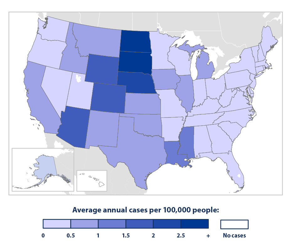 Color-coded map of the United States showing the average number of annual cases of neuroinvasive West Nile virus disease by state from 2002 to 2021.