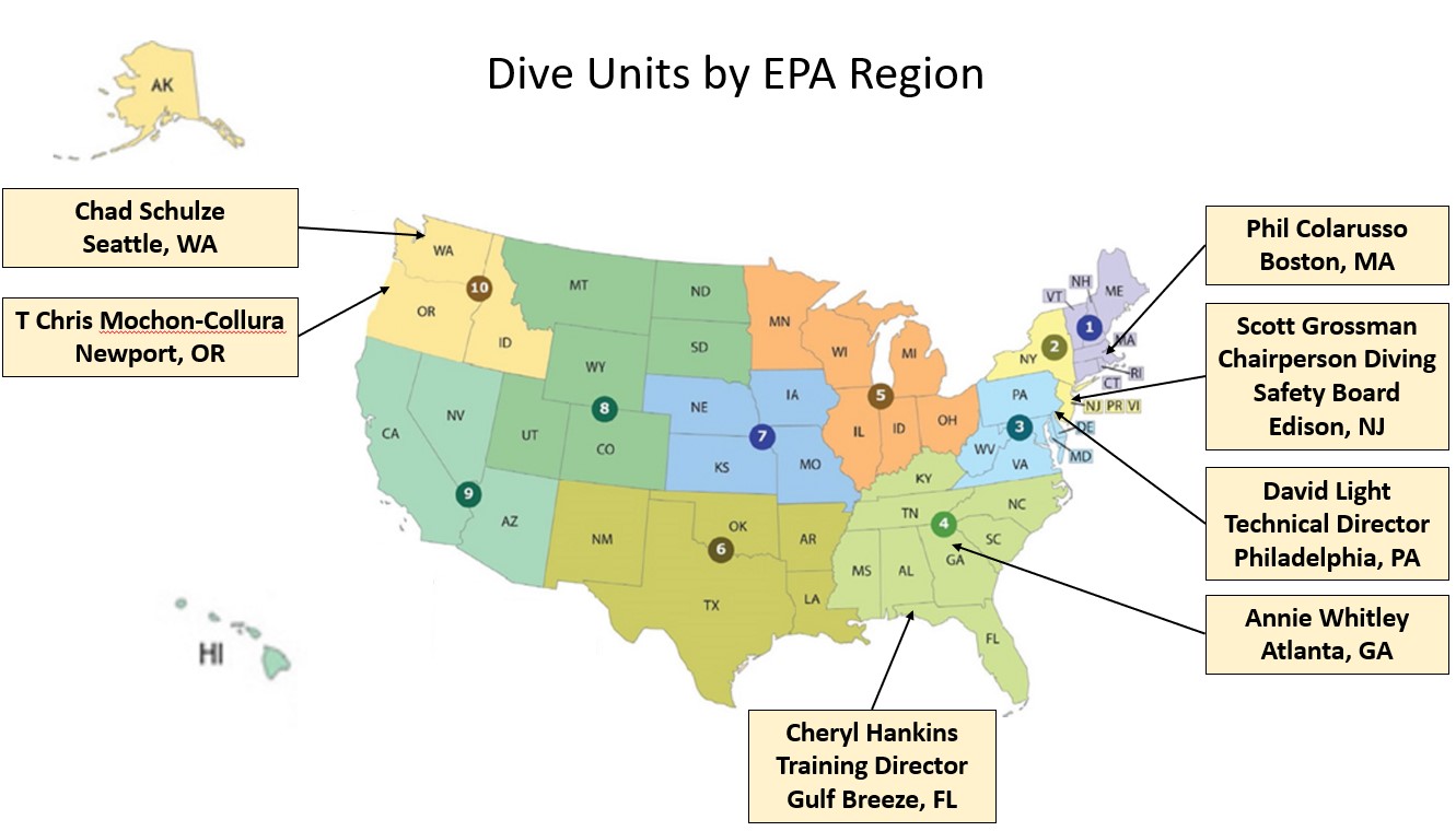 U.S. map showing the locations of EPA's scientific diving units (Boston, MA; Edison, NJ; Philadelphia, PA; Atlanta, GA; Sabine Island, FL; Dallas TX; Newport, OR; and Seattle, WA).