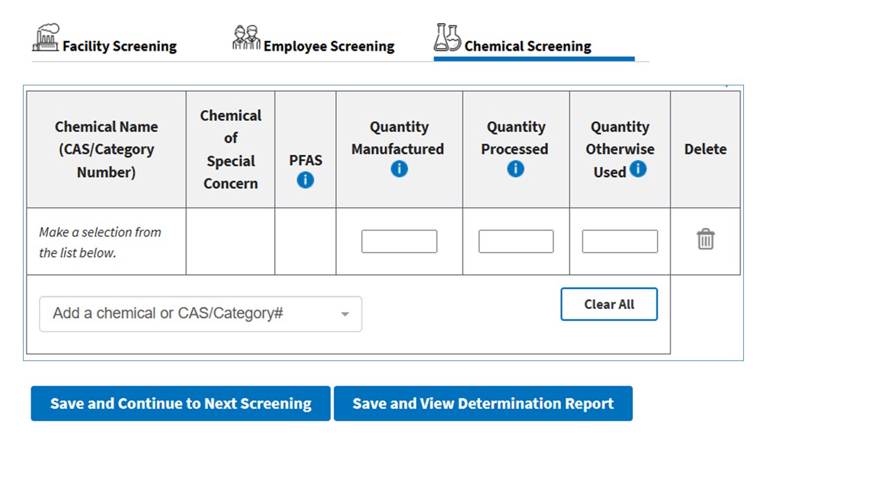 View of the chemical screening section of Threshold Screening Tool.