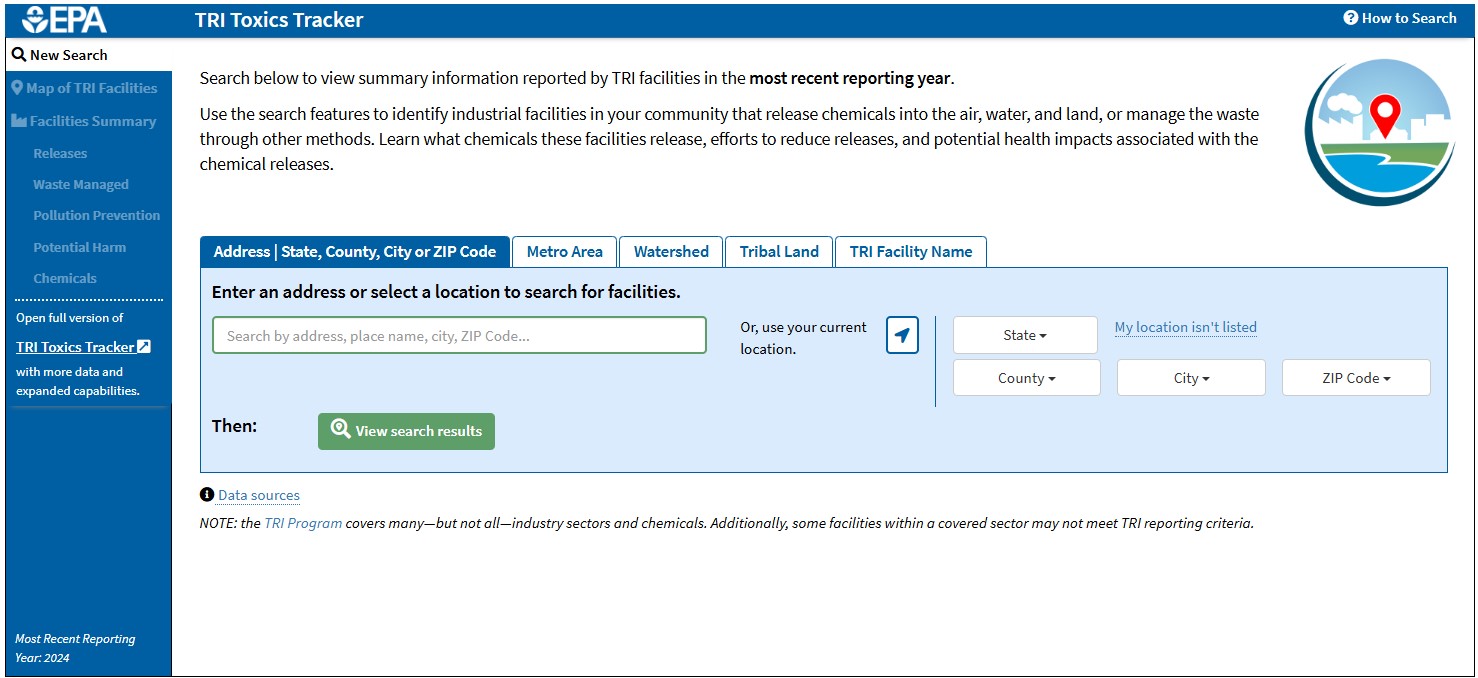 Toxics Tracker user interface where you can begin a search.
