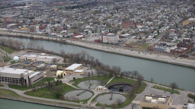 Black Rock Canal between unity island and the sewage treatment plant in the foreground and the City of Buffalo in the background