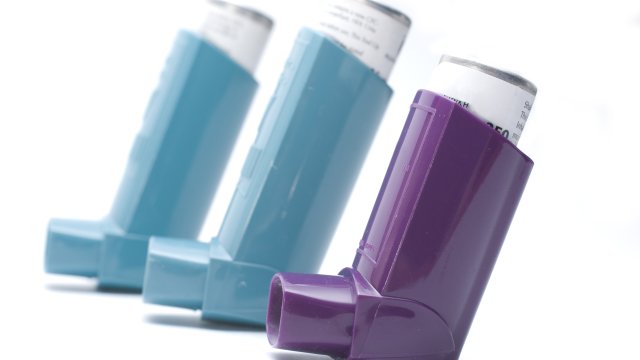 2 blue inhalers and 1 purple inhaler
