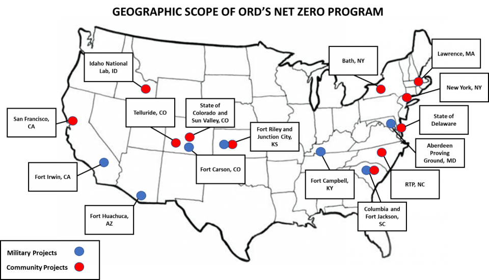 Map of the U.S. showing the cities that have community or military projects using Net Zero strategies.