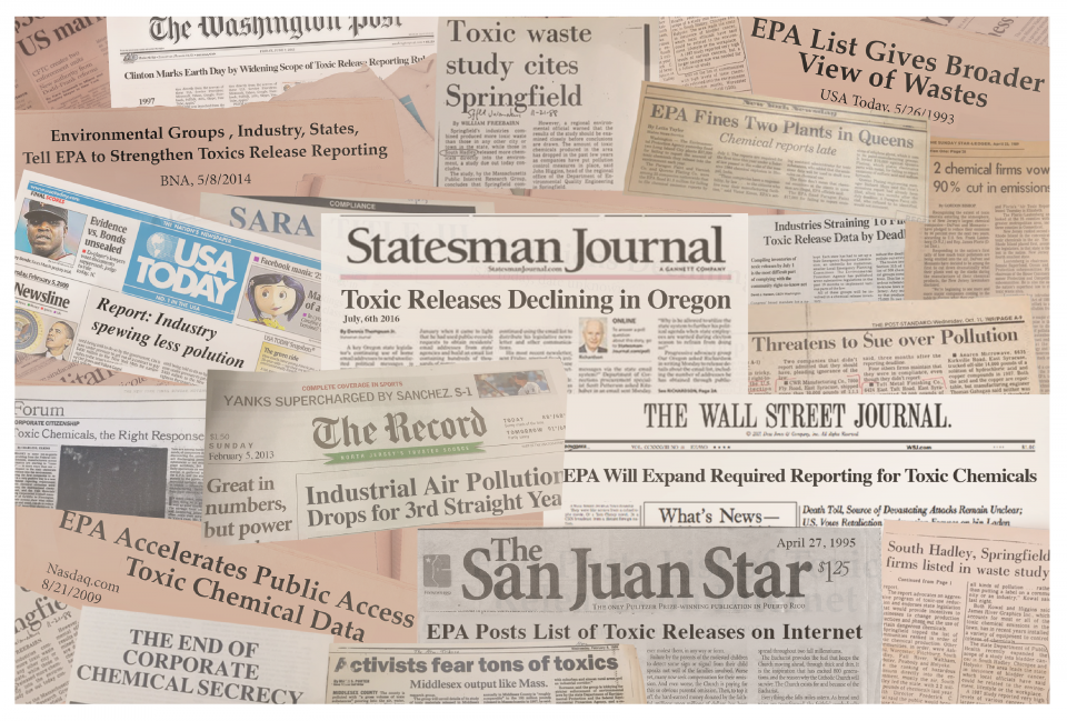 A collage of newspaper clippings from various years showing TRI-related headlines.