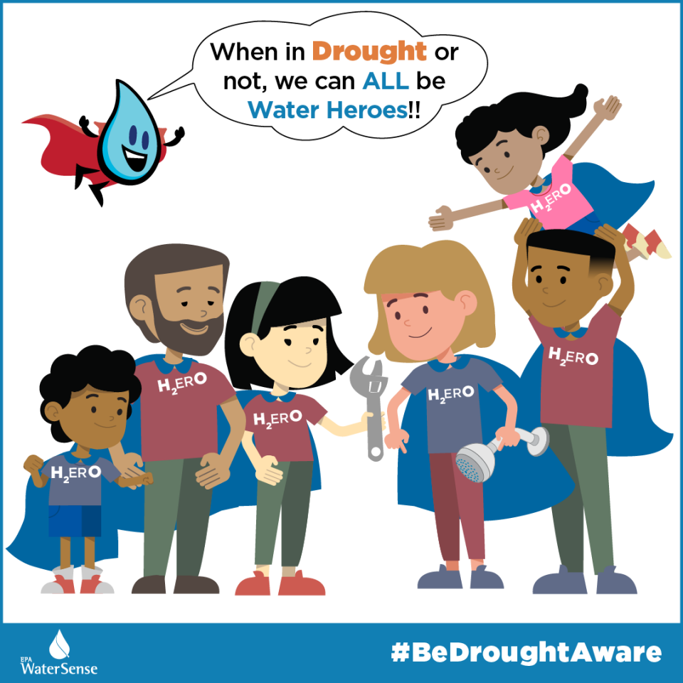 Cartoon image of drought heroes saving water