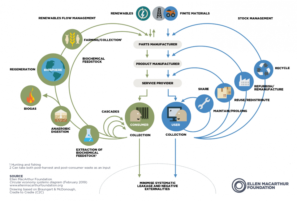 This system diagram illustrates the continuous flow of technical and biological materials through a circular economy. 