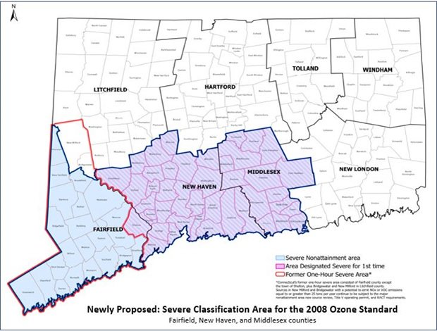 Map of the proposed Severe Classification Area for the 2008 Ozone Standard (Fairfield, New Haven, & Middlesex Counties) 