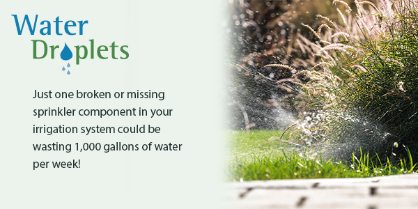Graphic stating Just one broken or missing sprinkler component in your irrigation system could be wasting 1,000 gallons of water per week!