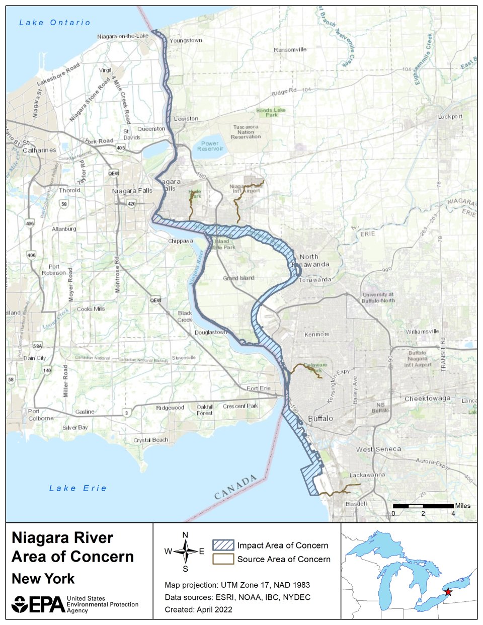 The Niagara River is a binational AOC that includes the entire Niagara River. The U.S. side of the AOC consists of an Impact AOC and a Source AOC. The Impact AOC extends from the mouth of Smoke Creek near the southern end of the Buffalo Outer Harbor (which is within Lake Erie) north to the mouth of the Niagara River at Lake Ontario. Within the river, the international border between Canada and the U.S. forms part of the Impact AOC boundary. On the landward side, the Impact AOC boundary follows the shoreline. In the Outer Harbor area, the in-water boundary generally follows the major breakwalls. In the southernmost section, where no breakwall is present, the AOC extends approximately one-half mile from shore