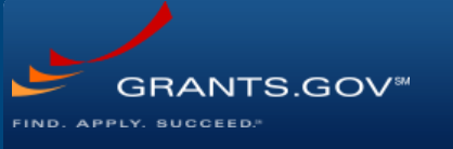 This is blue background with the words GRANTS.GOV Find. Apply. Succeed. and three orange and red lines making up the Grants.gov logo.