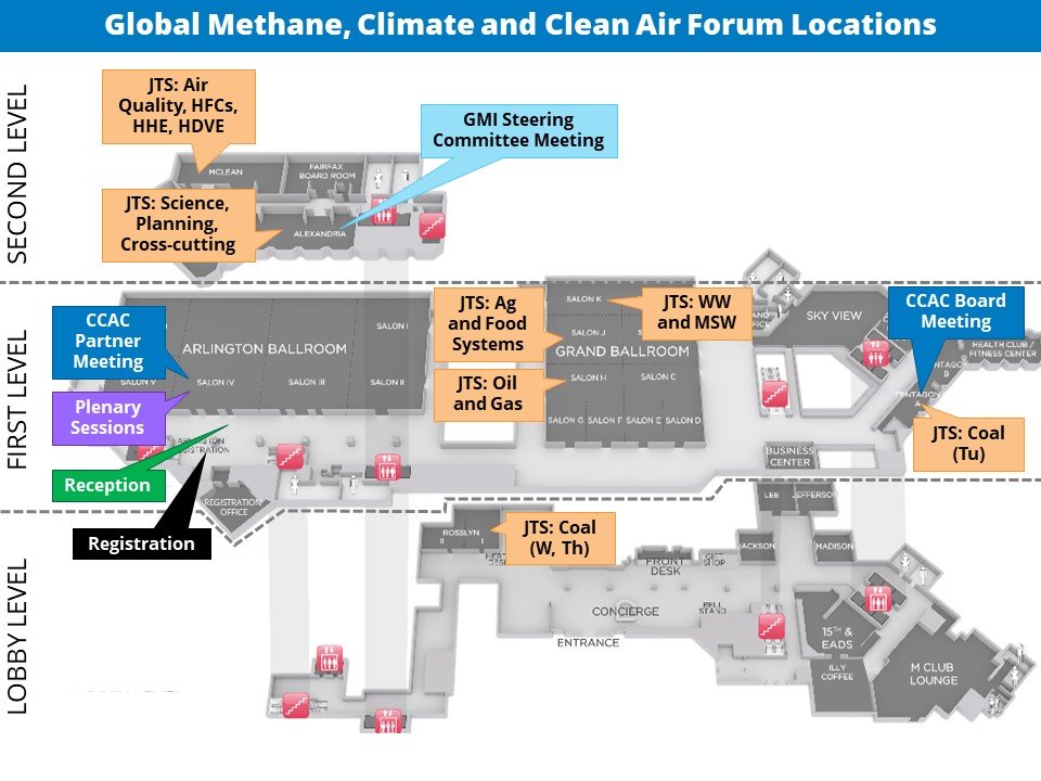 Map showing locations of plenary and joint technical sessions in the Crystal Gateway Marriott 