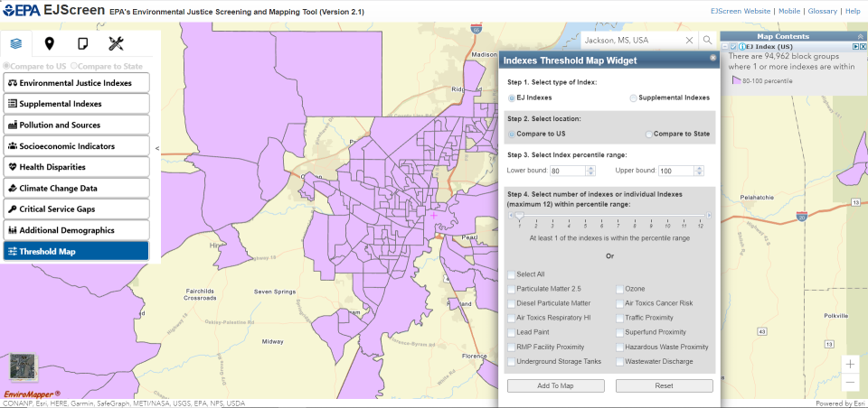 Screenshot of the Environmental Justice Screening and Mapping Tool with the Indexes Threshold Map Widget