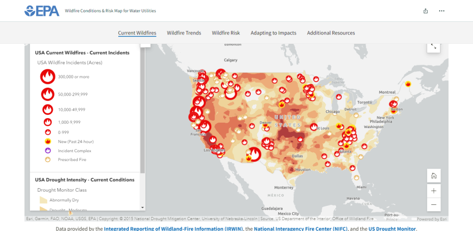 Screenshot of the "wildfire conditions and risk for water utilities" storymap