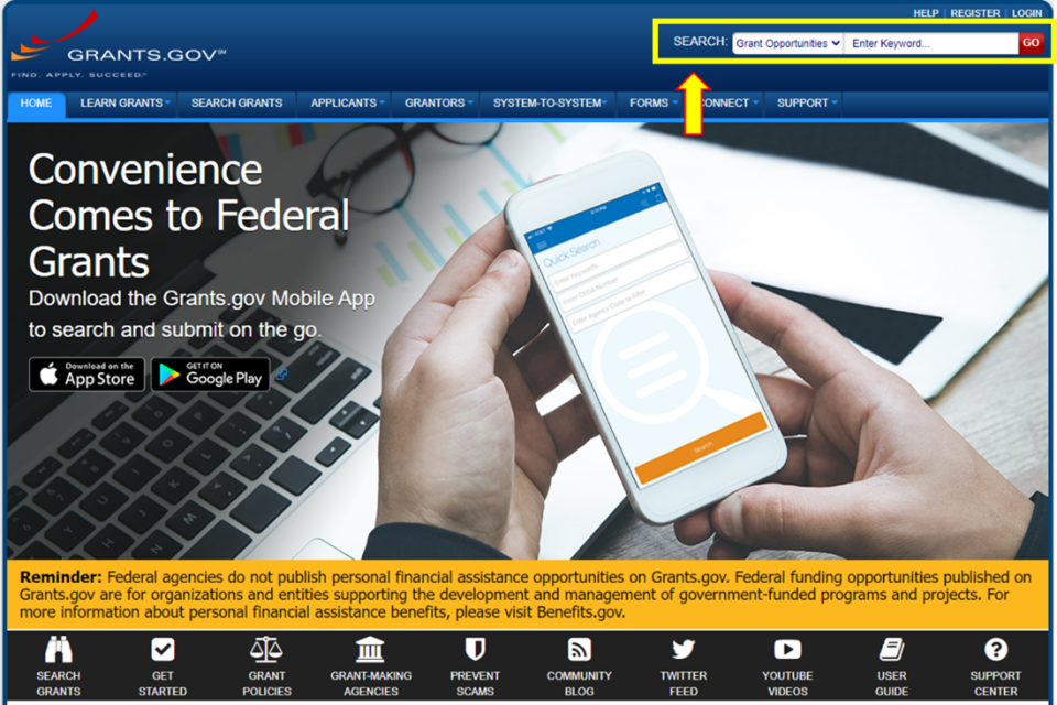 Screenshot of Grants.gov main page and search bar