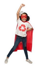 this is a picture of a little girl with a recycling symbol on her shirt and a red cape with her hand in the air like she's about to take off in flight.