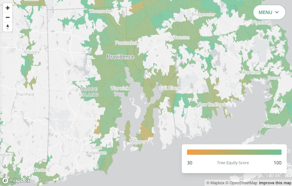 Map of Rhode Island Tree Equity scores