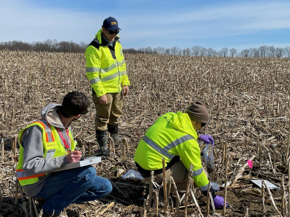 three workers sampling soil on a farm