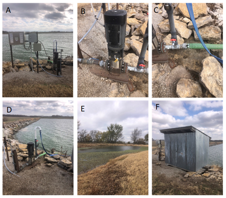 Various equipment used in the reuse system. A: Electric panel, pump, and lagoon. B: Six-stage 2-inch (5-centimeter) booster pump. C: Bleach injection point before the pump and 3-inch (7.6-centimeter) green suction line. D: Suction line and primer hose. E: Primary holding pond and gravity feed to main pumping pond for the golf course. F: Chemical building housing bleach barrels and positive displacement pump. Photos provided courtesy of the City of Oswego and the Oswego Golf Association (November 2022).