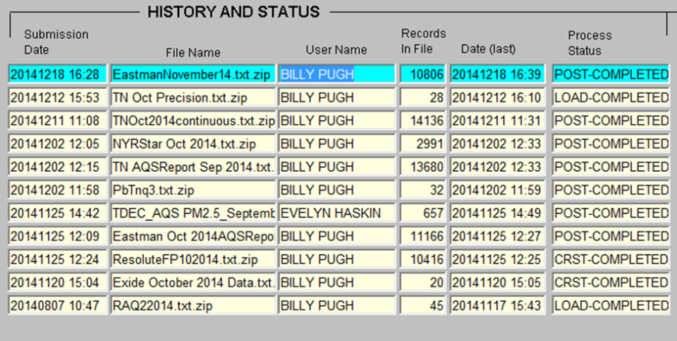 screenshot highlighting the history and status section of the batch screen