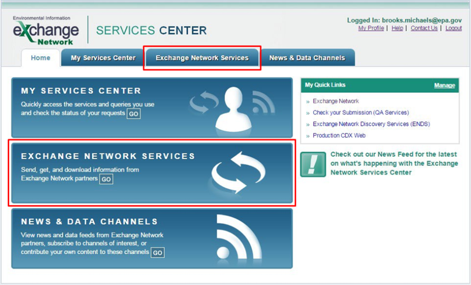 screenshot of the ENSC services center page with the services area highlighted