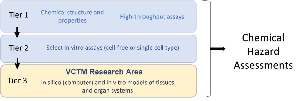 Chemical Hazard Assessments Tiered Testing Strategy: Tier 1, Chemical structure and properties, and High-throughput assays; Tier 2, Select in vitro assays (cell-free or single cell type); Tier 3, VCTM Research Area, in silico (computer) and in vitro models of tissues and organ systems.