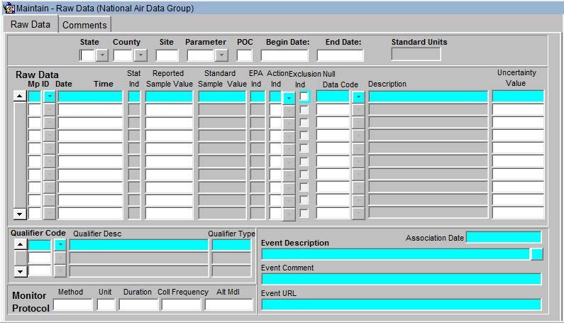 screenshot of the AQS maintain raw data form