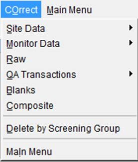 screenshot of the AQS correct menu drop down options
