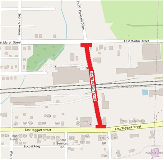 Map showing Pleasant Drive closure area highlighted in red.