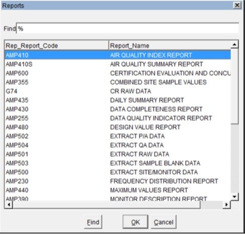 screenshot of the report selection pop up window and a subset of reports that can be picked in AQS