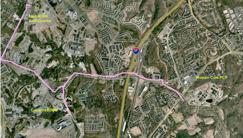 The figure is a map of the reuse project area and shows where a pipeline has been constructed to deliver reuse water to end users. The pipeline transports reuse water from the Noman Cole Pollution Control Plant to the Covanta Energy Resource Recovery Facility and Laurel Hill Golf Course for reuse. 