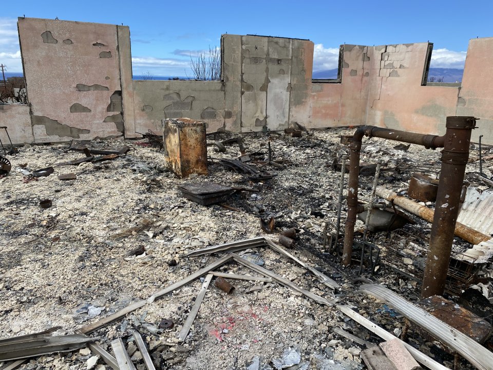 Maui Wildfires: Ash and Debris Footprint of a Burned Building an Hour After Soil Stabilizer Application.