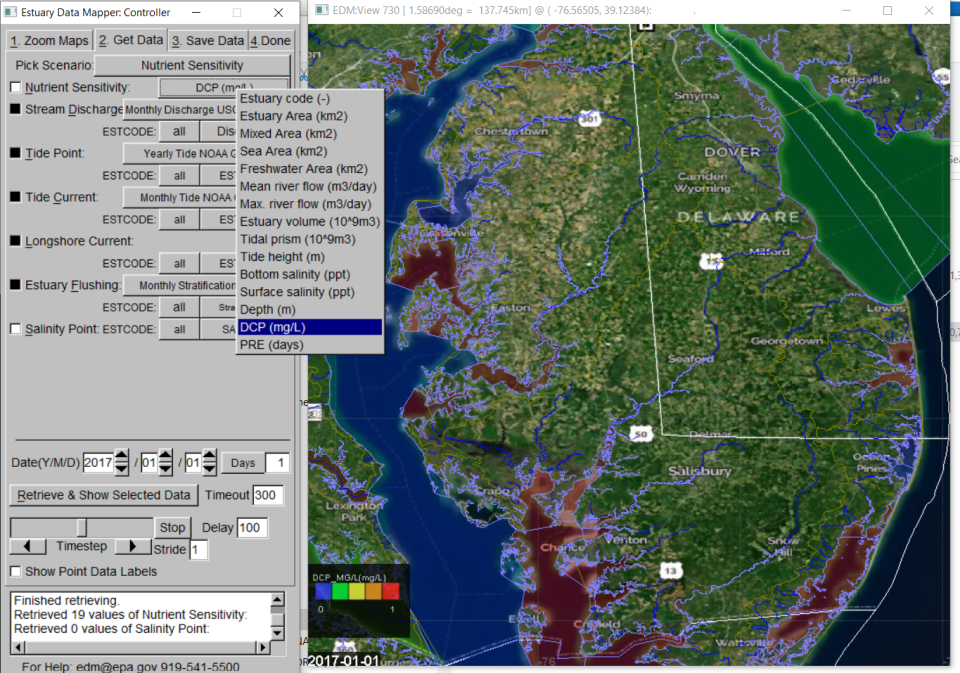 Display of nutrient sensitivity submenu options in Estuary Data Mapper application