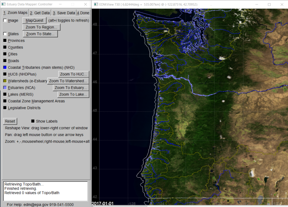 Estuary Data Mapper screenshot of estuaries along the Washington coast (light blue) with coastal tributaries (dark blue).