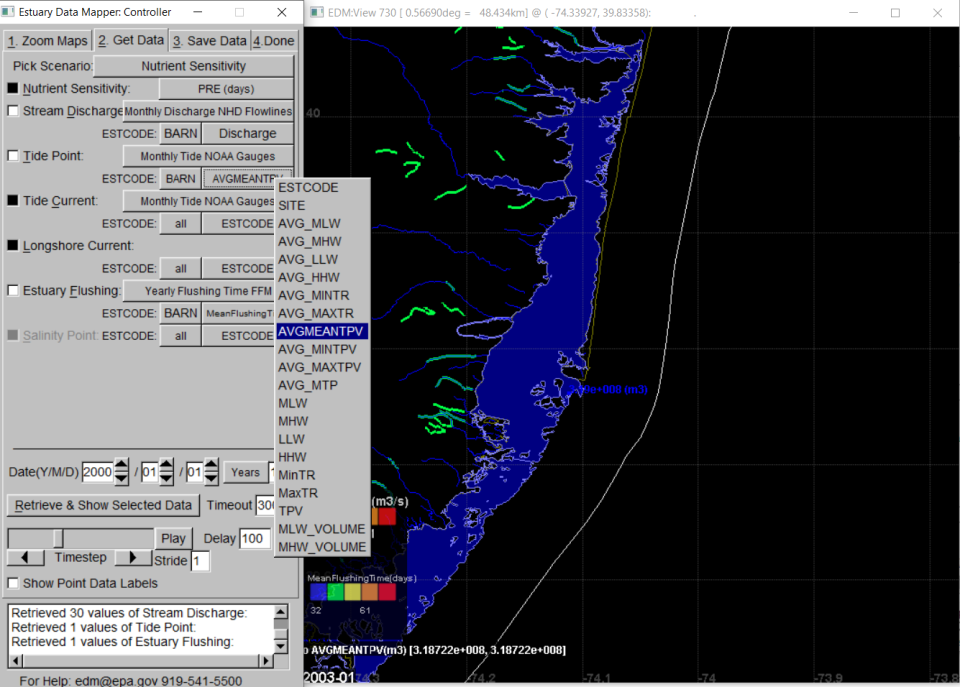 Estuary Data Mapper screenshot of Tide Point variables available from submenu