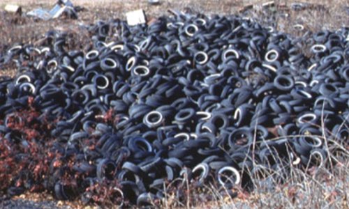 This is a huge pile of tires along the shore of a river