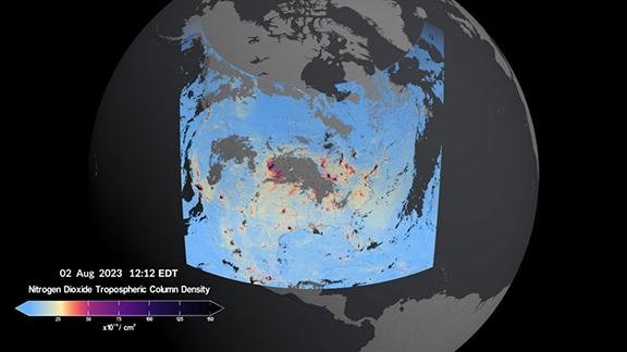 In this visualization, high levels of nitrogen dioxide can be seen over multiple urban areas across the U.S., Canada, Mexico and the Caribbean. Credit: NASA's Scientific Visualization Studio; Data provided by the Smithsonian Astrophysical Observatory at the Center for Astrophysics | Harvard & Smithsonian