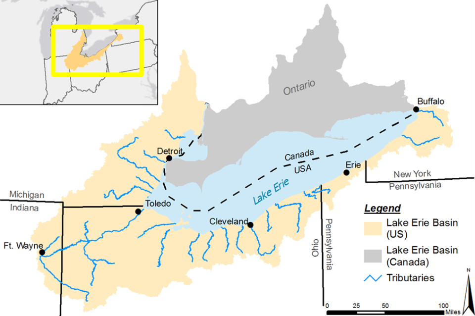 Lake Erie Watershed. Source: EPA.   Alt text. The Lake Erie watershed encompasses two countries, five U.S. states, more than ten thousand square miles of farmland, and the urban centers of Ft. Wayne, Detroit, Toledo, Cleveland, Erie, and Buffalo. 