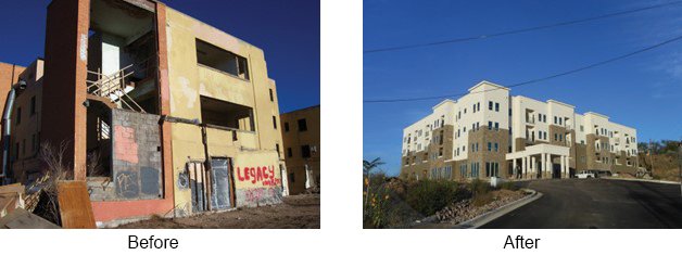 On the left is a photograph of an abandoned building with graffiti with the caption reading "before". On the right is a photograph of a grey multi family residential building and surrounding parking lot, with the caption reading "after".
