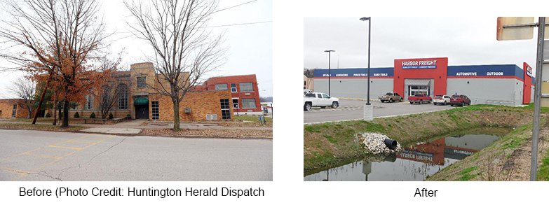 On the left is a photograph of a red brick school building, with the caption "Before. Photo credit: Huntington Herald Dispatch". On the right is a photograph of a large grey and red retail store and parking lot with the caption reading "after".