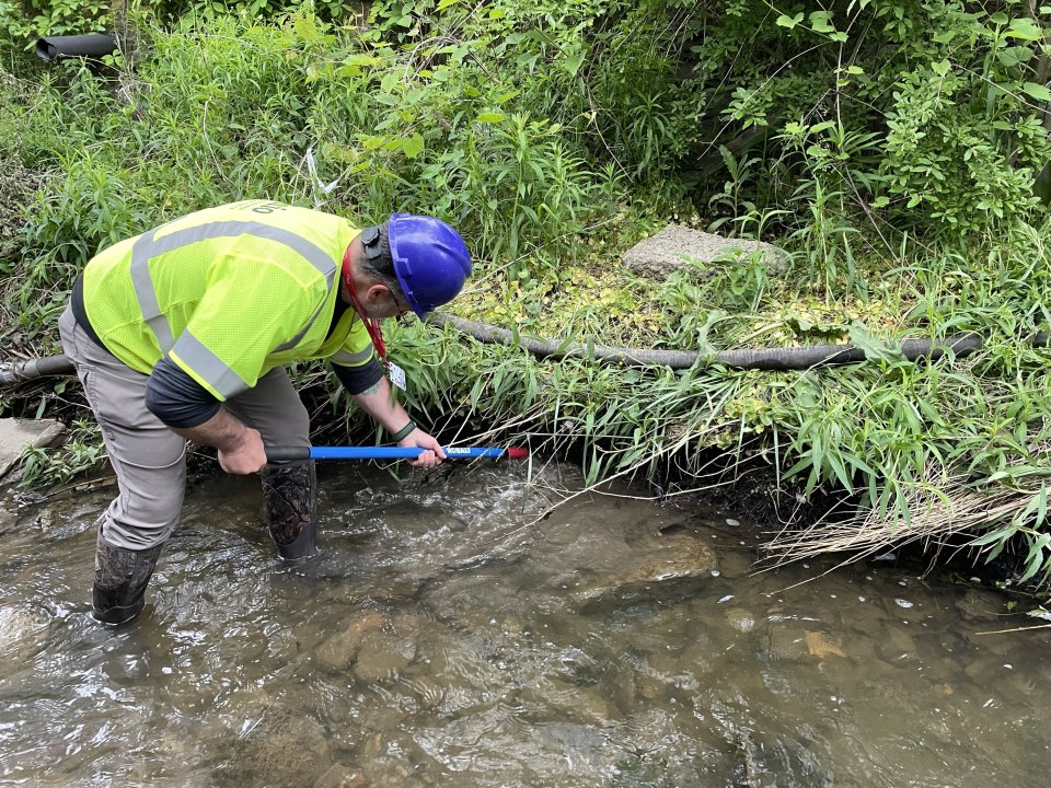 Ohio EPA disturbs a bank along Sulphur Run to check for oily sheen as part of the assessment for clearance.