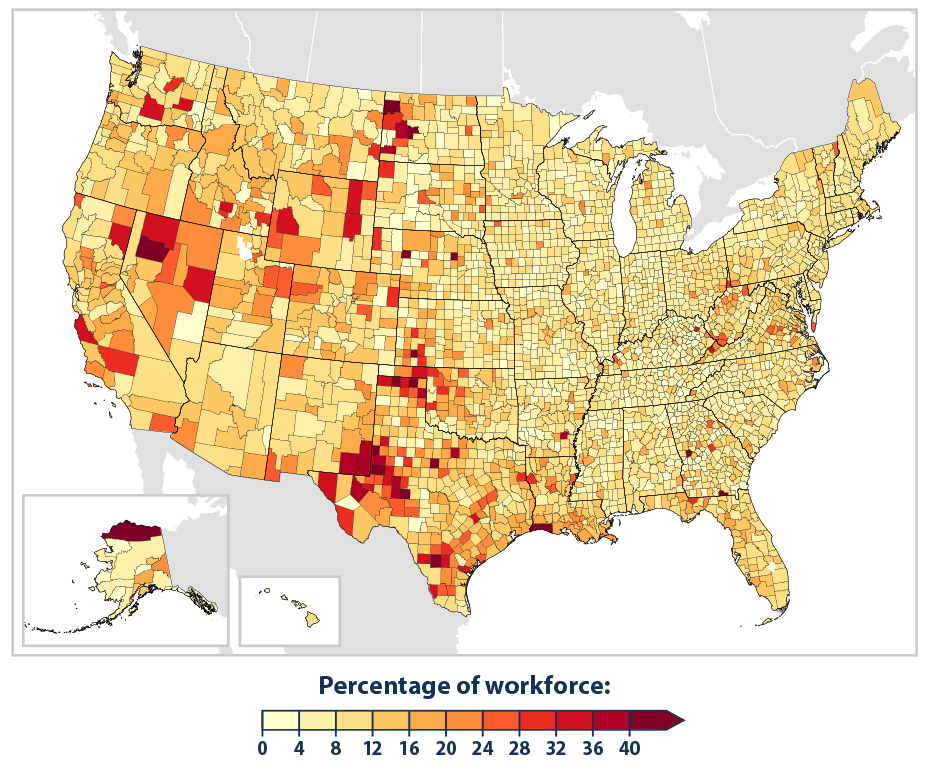 A map of the United States showing the average percent of the workforce categorized as an outdoor worker from 2018 to 2022.