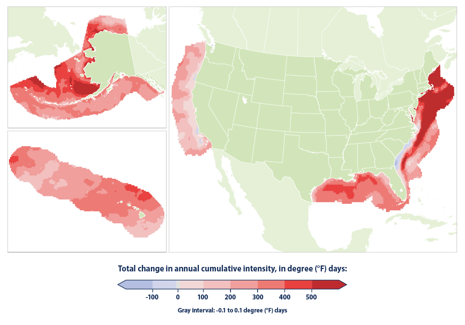 A map of the continental United States, Hawaii, and Alaska showing the change in annual cumulative intensity of Marine Heat waves from 1982 to 2023.