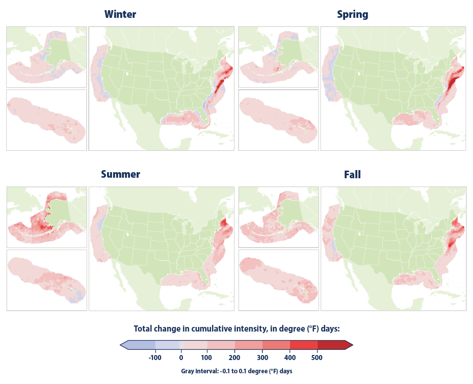 Four maps of the continental United States, Hawaii, and Alaska showing the change in annual cumulative intensity of Marine Heat waves by season from 1982 to 2023.