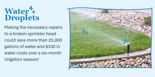 Making the necessary repairs to a broken sprinkler head could save more than 25,000 gallons of water and $330 in water costs over a six-month irrigation season!