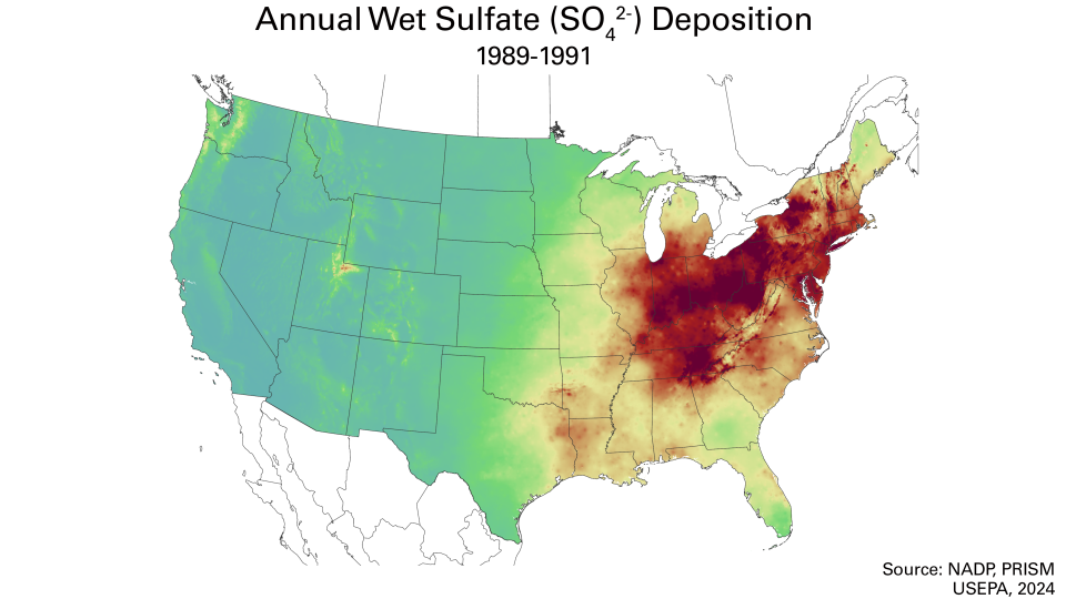 Map of annual wet sulfate deposition 1989-1991