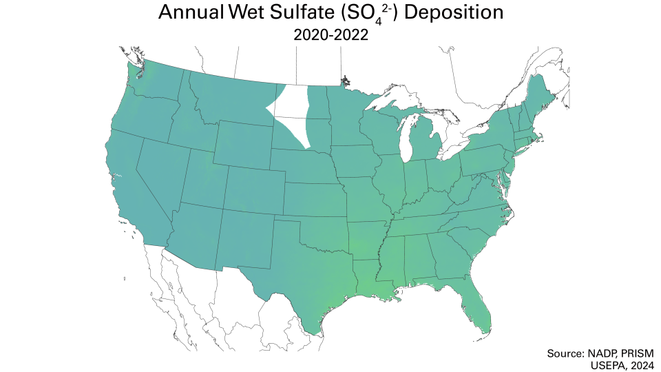 Map showing annual wet sulfate deposition 2020-2022